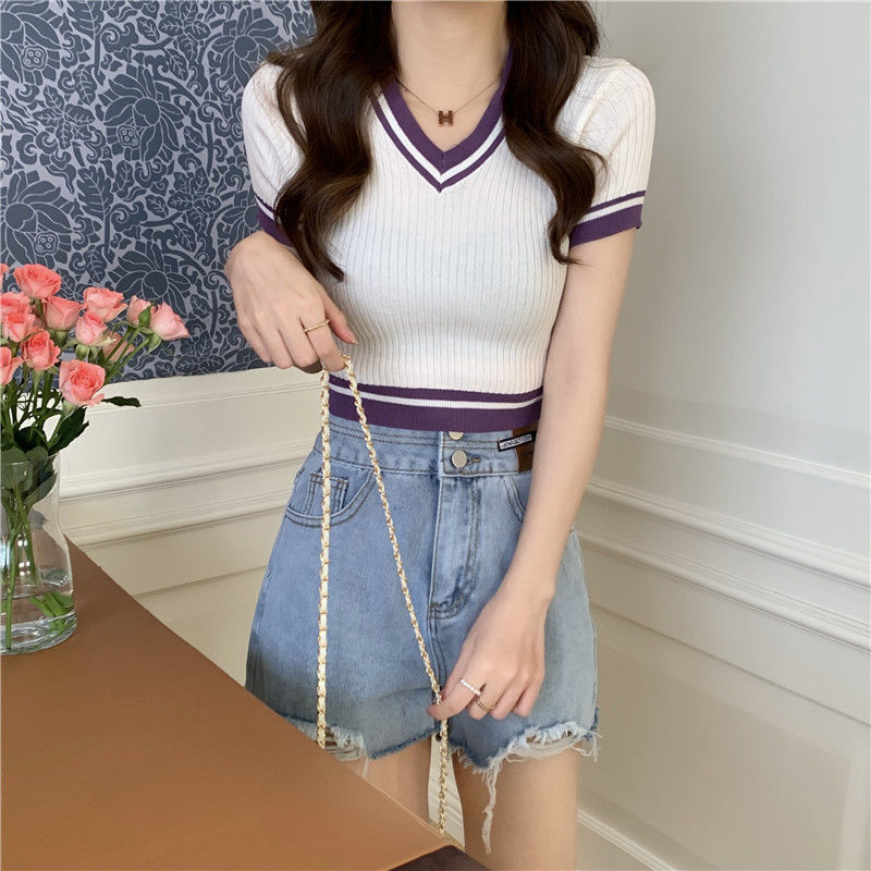 T-shirt en tricot col en V à manches courtes pour femme