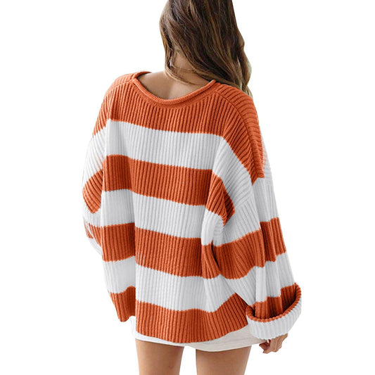 Women's Striped Pullover Sweater - Batwing Sleeve Knit Top