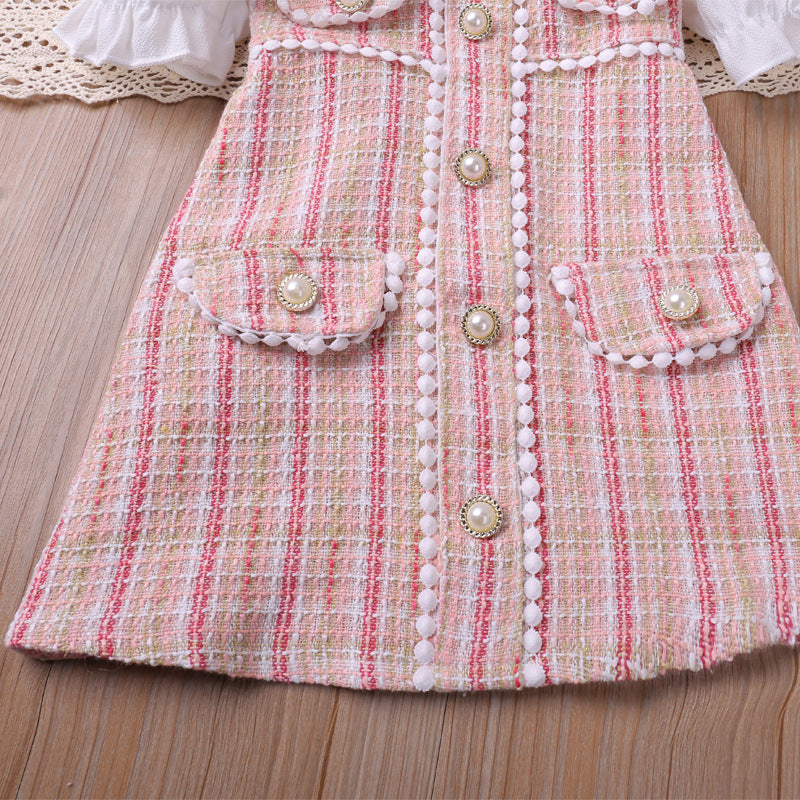 Robe Bouffante Classique à Carreaux avec Boucle Perle
