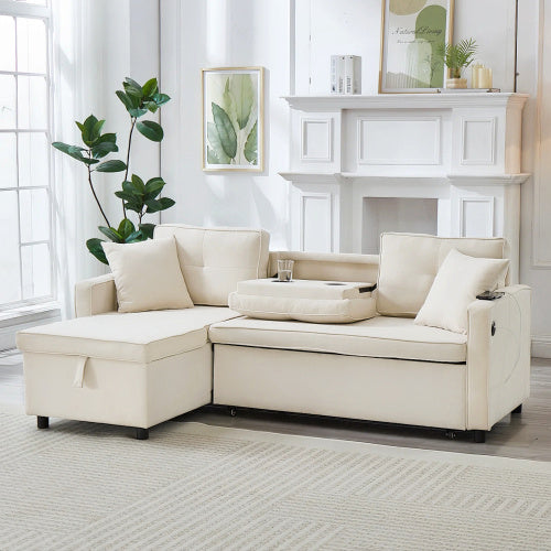 L-Shaped Pull Out Sleep Sofabed, Modern Reversible Sleeper Sectional Sofa, 3 In 1 Convertible Sofa Bed With Storage Chaise, Drop-Down Table, Cup Holders And Charging Ports
