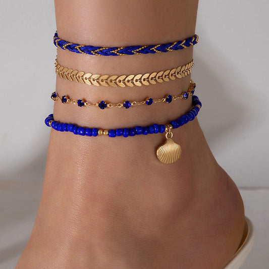 Lot de 4 chaînes de cheville bohèmes en corde tressée pour hommes et femmes, avec perles noires en alliage géométrique et huile goutte à goutte, bijoux de mode d'été