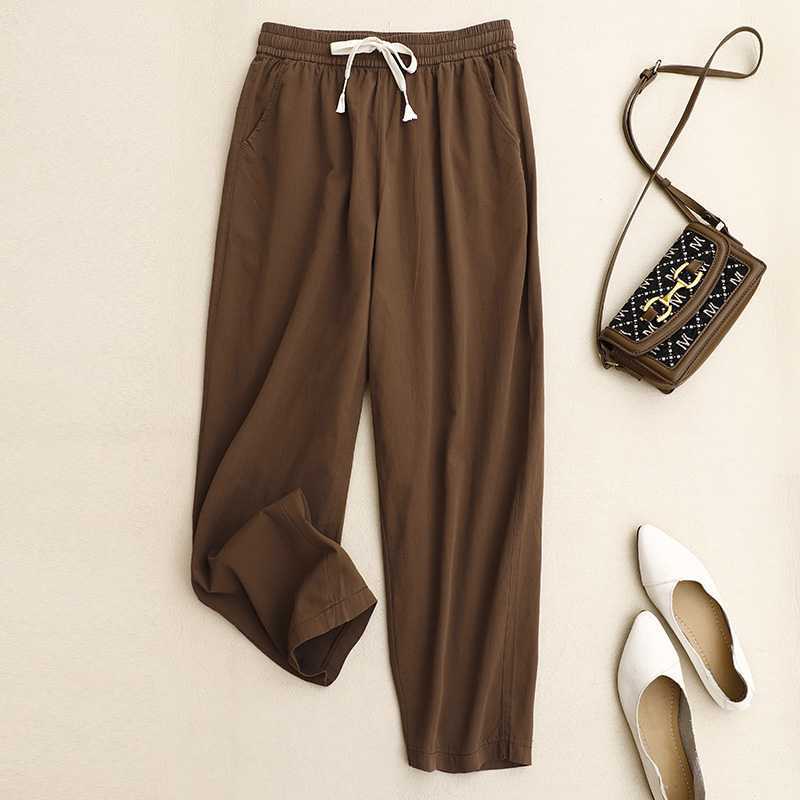 Pantalon décontracté en pur coton, coupe fuselée simple, longueur cheville, taille mi-haute
