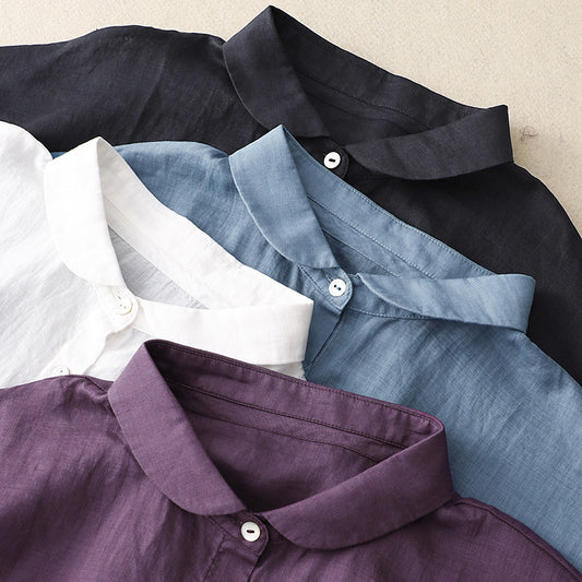 Cotton-Linen Plus-Size Loose Artistic Small Turn-Down Collar Shirt