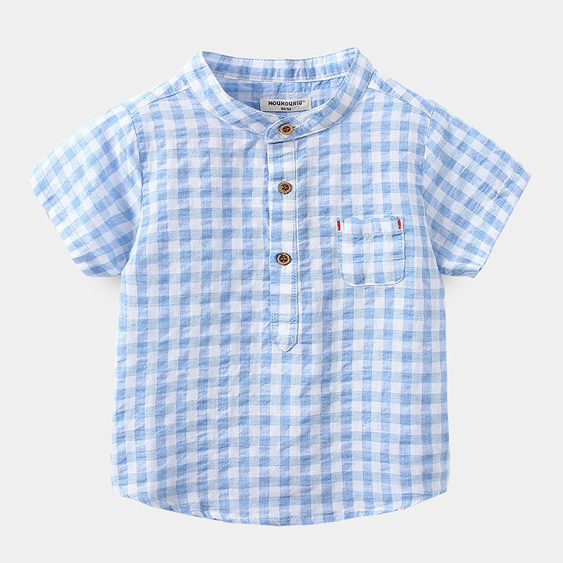 Children's Cotton Blue Short-sleeved Shirt Fashion Casual Short-sleeved Plaid Shirt - Stuffs & Savers