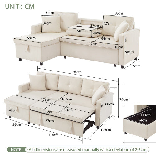 L-Shaped Pull Out Sleep Sofabed, Modern Reversible Sleeper Sectional Sofa, 3 In 1 Convertible Sofa Bed With Storage Chaise, Drop-Down Table, Cup Holders And Charging Ports