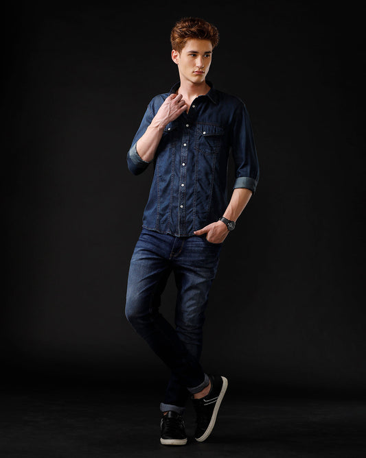Men's Slim Fit Solid Denim Casual Shirt (APACE)