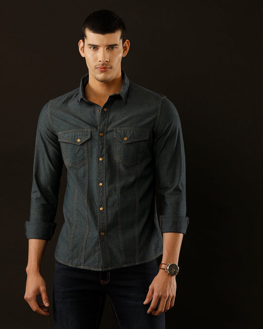 Men's Slim Fit Solid Denim Casual Shirt (AAKOL)