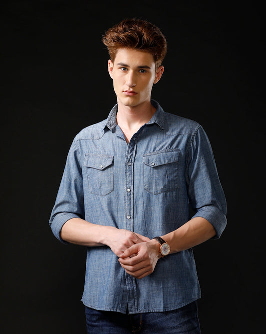 Men's Slim Fit Solid Denim Casual Shirt (ANDES)