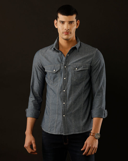 Men's Slim Fit Solid Denim Casual Shirt (ASMAT)