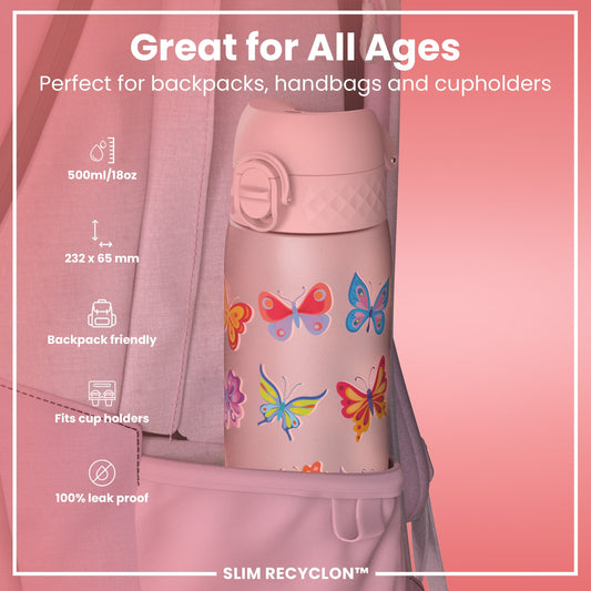 Leak Proof Slim Water Bottle, Recyclon, Butterfly, 500ml (18oz)