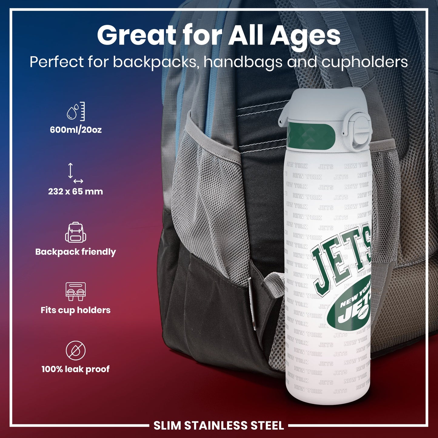 Leak Proof NFL Water Bottle, Stainless Steel, New York Jets, 600ml (20oz)