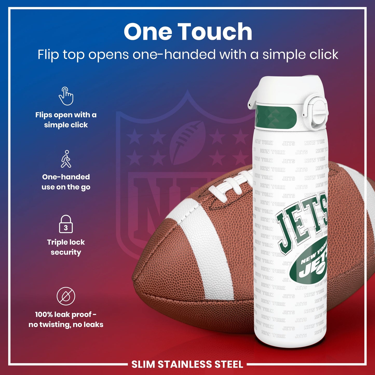 Leak Proof NFL Water Bottle, Stainless Steel, New York Jets, 600ml (20oz)