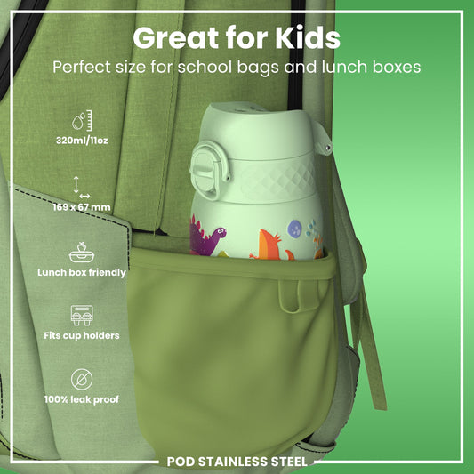 Leak Proof Thermal Steel Water Bottle, Insulated, Dinosaurs, 320ml (11oz)