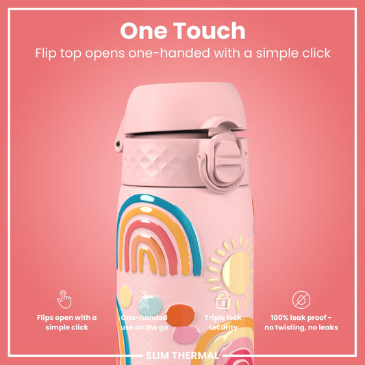 Leak Proof Slim Thermal Steel Water Bottle, Insulated, Rainbows, 500ml (17oz)