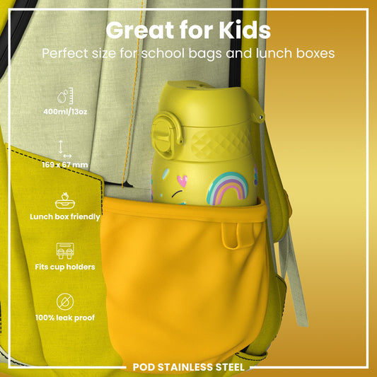 Leak Proof Kids Water Bottle, Stainless Steel, Yellow Unicorns, 400ml (13oz)