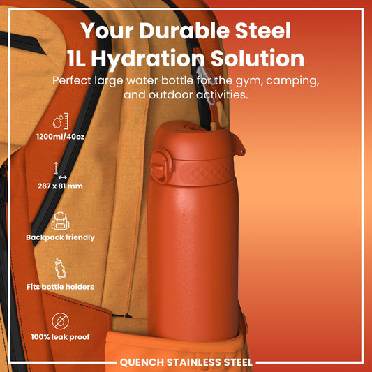 Leak Proof 1 Litre Water Bottle, Stainless Steel, Hearty Orange, 1L