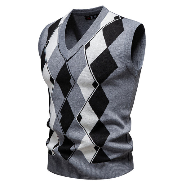 Plaid Sweater Knitwear V-Neck Pullover Casual Vest