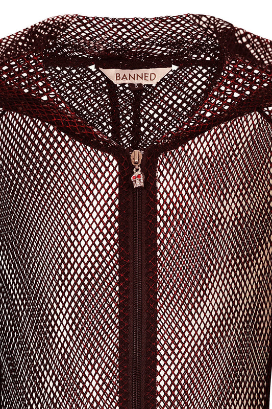 Banned Apparel Liora Red Metallic Fishnet Hoodie - Skull Zip Gothic Outerwear