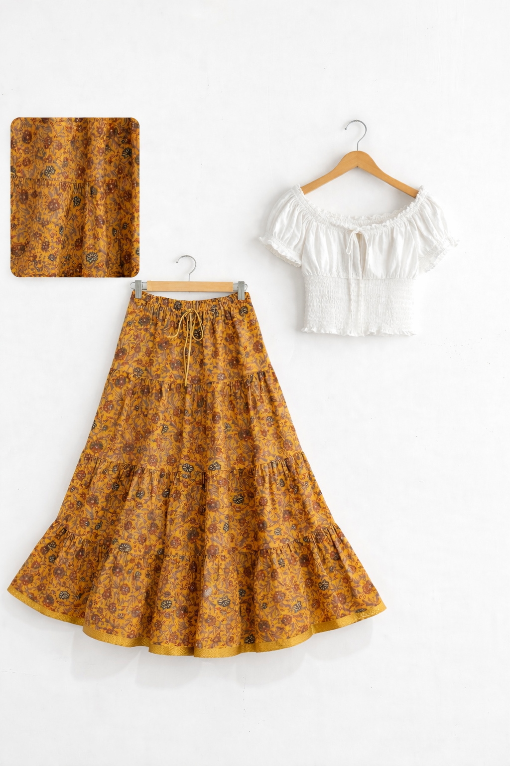 Blackfever Mustard Yellow Floral Tiered Cotton Skirt- Free Size