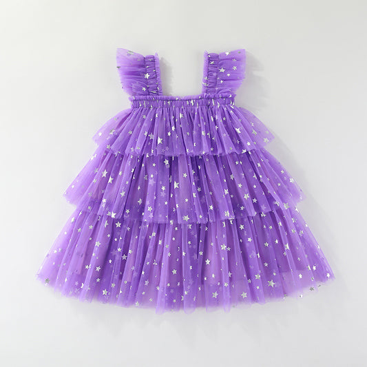 Girls' Halloween Flutter Sleeve Strapless Layered Dress, Ghost Pumpkin Style Holiday Formal Dress