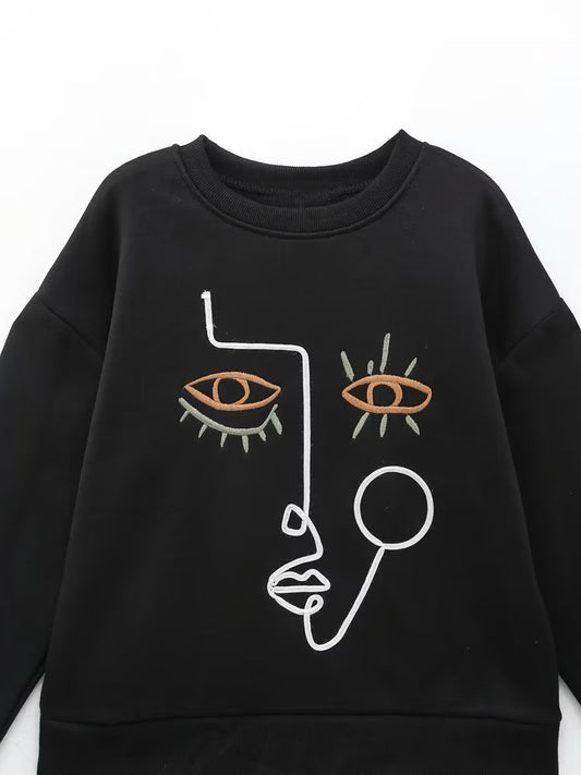Zevity Women Fashion Abstract Pattern Embroidery Casual Fleece Sweatshirts Female Long Sleeve Hoodies Chic Pullovers Tops H3090