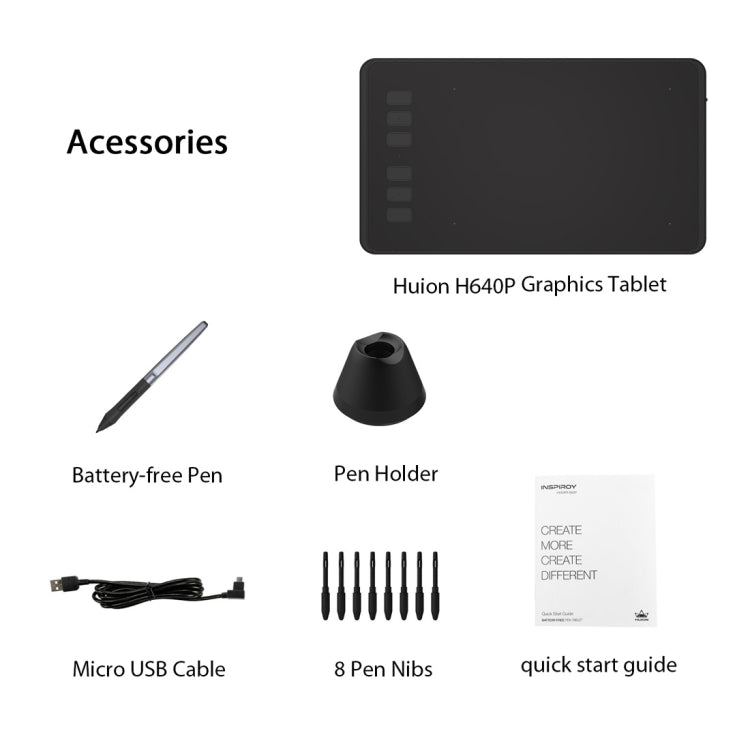 Tablette graphique USB professionnelle HUION Inspiroy Series H640P 5080LPI pour Windows / Mac OS, avec stylet sans batterie
