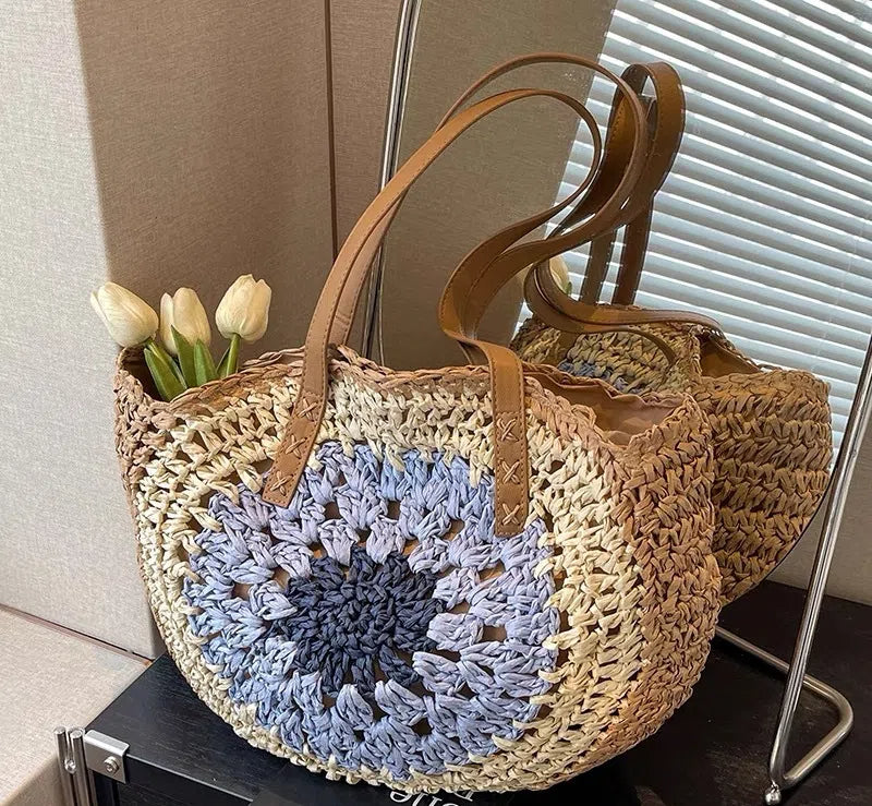 Sac de plage décontracté tissé en herbe, sac à bandoulière, sac tissé à la mode, assiette ronde colorée creuse en corde de papier