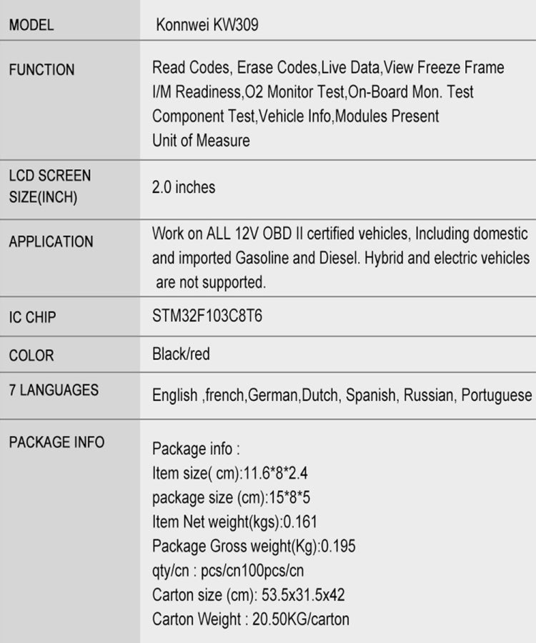 KONNWEI KW309 V309 V310 MS309 Lecteur de code OBD2 Outil de diagnostic (Noir)