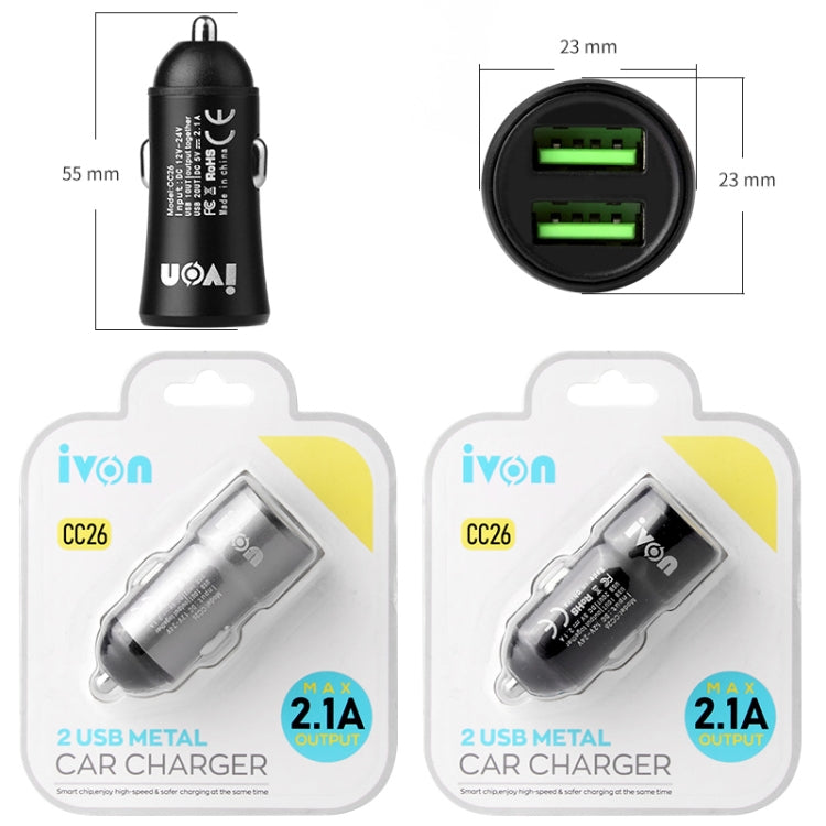 IVON CC26 5V 2.1A Dual USB Port Mini Car Charger (Grey)
