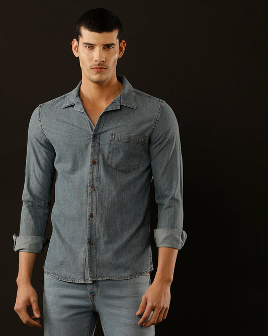 Men's Slim Fit Solid Denim Casual Shirt (CUDDS)
