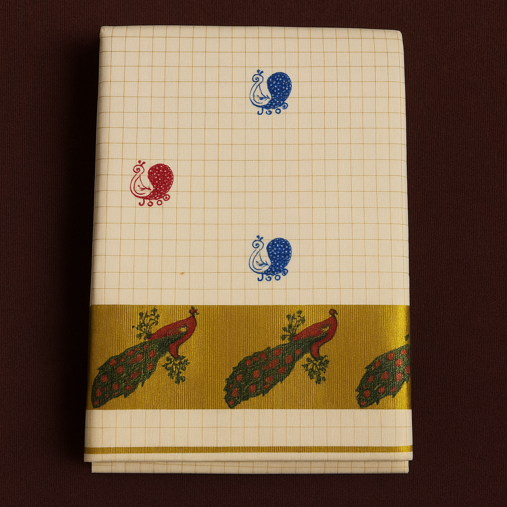 Sari Onam en coton Kerala Kasavu avec bordure dorée paon Zari, motifs rouges et bleus – Sari festif traditionnel spécial Onam S118