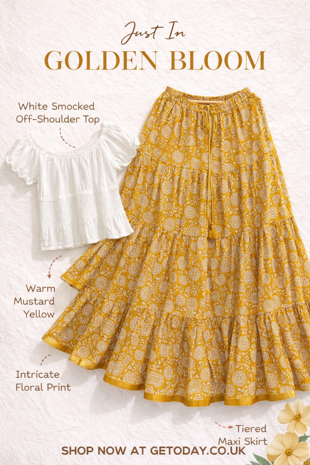 Blackfever Mustard Yellow Floral Tiered Cotton Maxi Skirt – Free Size