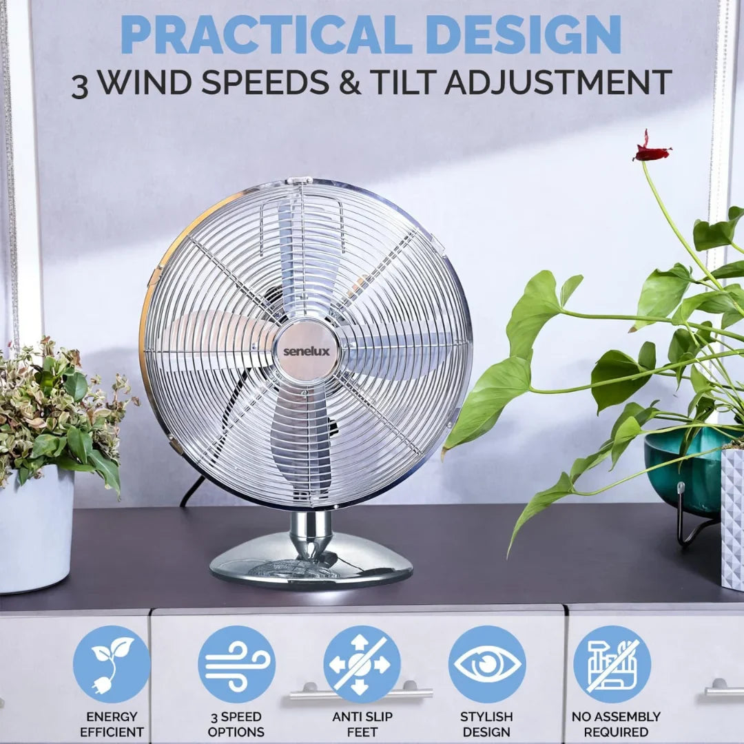 Senelux 12 inch Chrome Desk Fan; Great for Home Cooling and Comfort in Bedrooms, Living Rooms and Offices