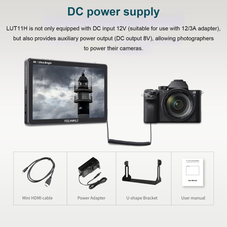 FEELWORLD LUT11H 10.1 Inch Ultra Bright 2000nit DSLR Camera Field Monitor Touch Screen 4K HDMI F970 External Power and Install Kit (UK Plug)