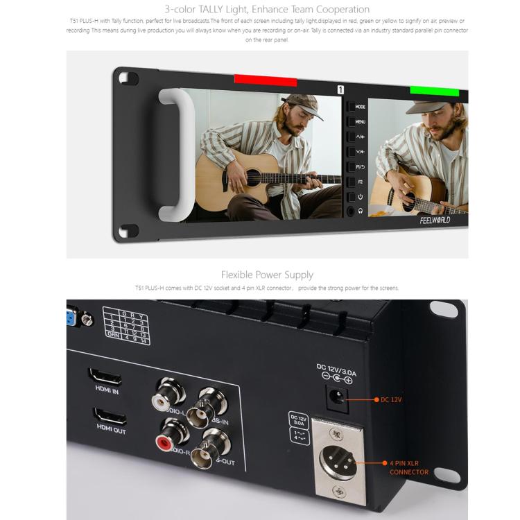 FEELWORLD T51 PLUS-H Triple 5.5 inch 2RU Rackmount Monitor Full HD 4K HDMI SDI AV Monitor (UK Plug)