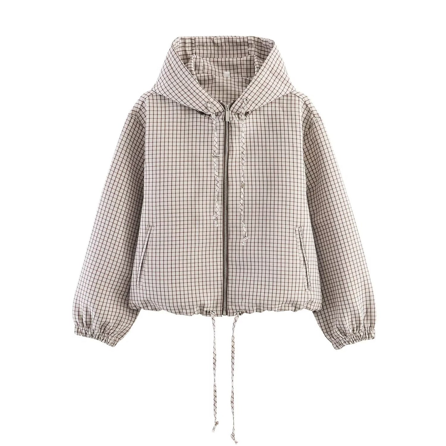 Versatile plaid hooded zipper jacket