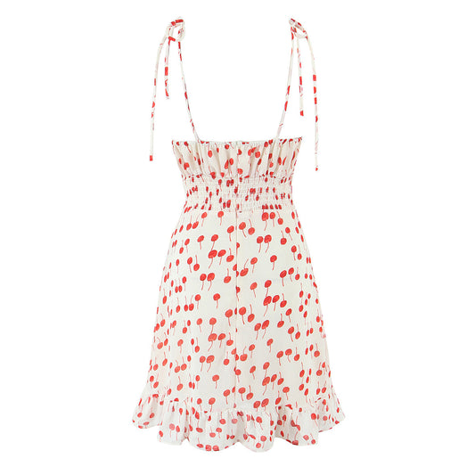 Print Lace-up V-neck Strapless Dress with Ruffled Hem and Slim Fit
