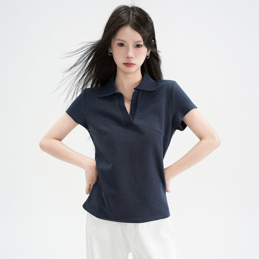 Polo Collar Straight Shoulder Short Sleeve T-Shirt for Women