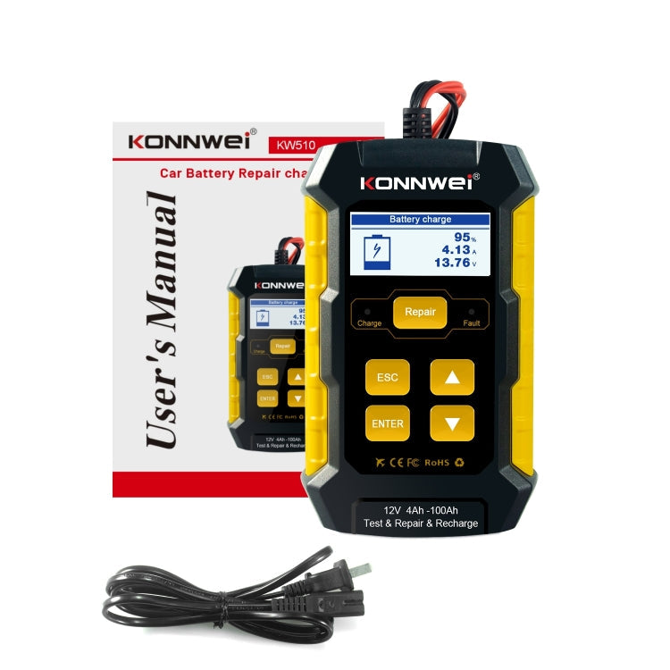 Testeur / Chargeur / Réparateur de batterie de voiture 3 en 1 KONNWEI KW510, prise en charge de 8 langues (prise UE)