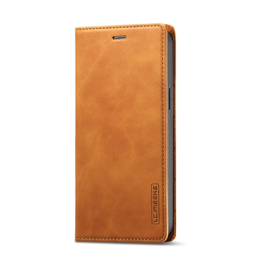 Pour iPhone 13 mini LC.IMEEKE Étui en cuir à rabat horizontal magnétique puissant en PU + TPU mat avec support et fentes pour cartes et portefeuille (marron)