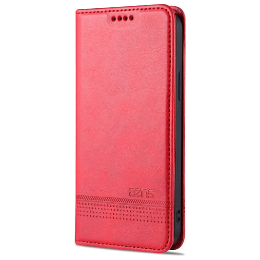 Pour iPhone 13 Pro Étui en Cuir à Rabat Horizontal AZNS Magnétique avec Texture de Veau, Fentes pour Cartes, Support et Portefeuille (Rouge)