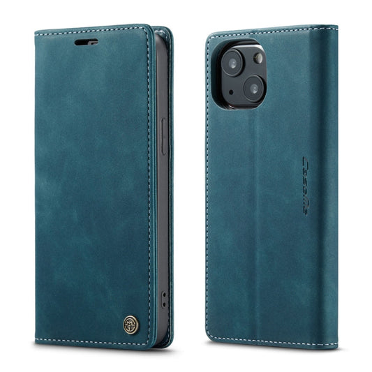 Pour iPhone 13 Étui en cuir givré rétro multifonctionnel CaseMe-013 à rabat horizontal avec fentes pour cartes et support et portefeuille (Bleu)
