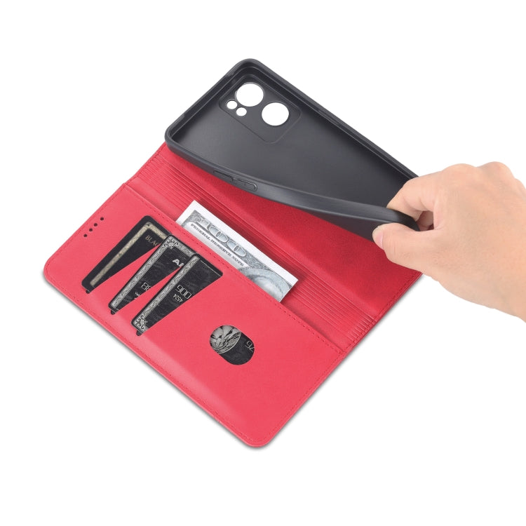 For OPPO Reno7 Global AZNS Magnetic Calf Texture Flip Leather Phone Case(Red)