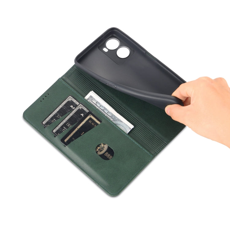 Pour OPPO A57 5G/Realme Q5i/Realme V23 AZNS Étui portefeuille en cuir texturé de veau magnétique (vert foncé)