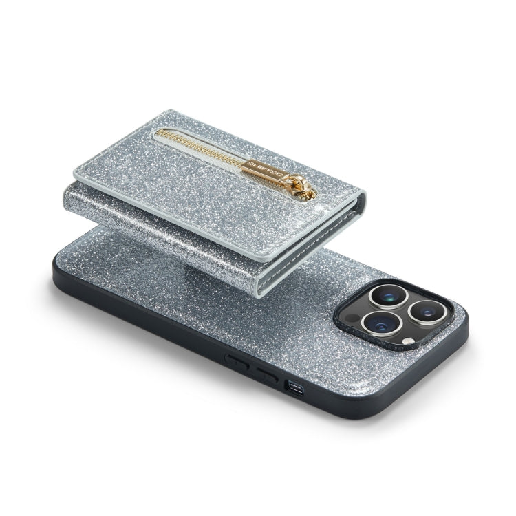 For iPhone 14 Pro DG.MING M3 Series Glitter Powder Card Bag Leather Case(Silver)