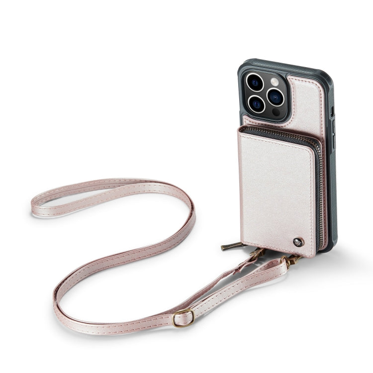 For iPhone 14 Plus JEEHOOD C22 Series Zipper Wallet Phone Case with Long and Short Lanyard(Rose Gold)