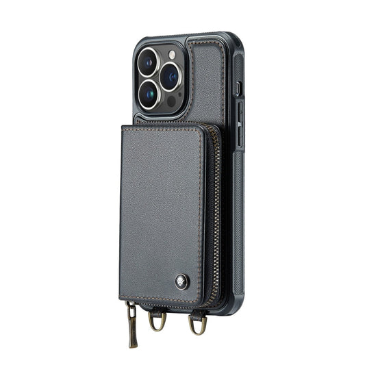 Pour iPhone 14 Pro Coque portefeuille à glissière JEEHOOD C22 Series avec cordon long et court (noir)