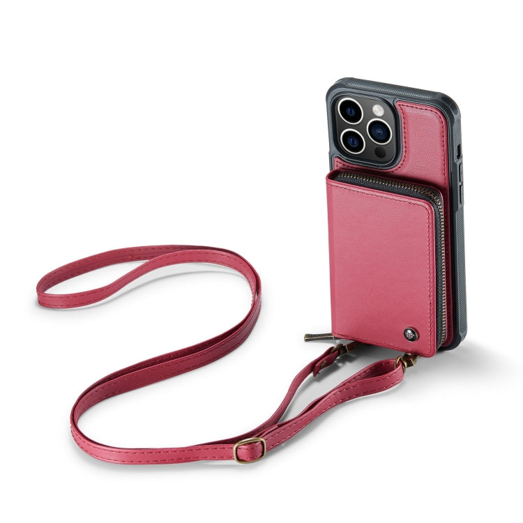 For iPhone 14 Pro JEEHOOD C22 Series Zipper Wallet Phone Case with Long and Short Lanyard(Red)