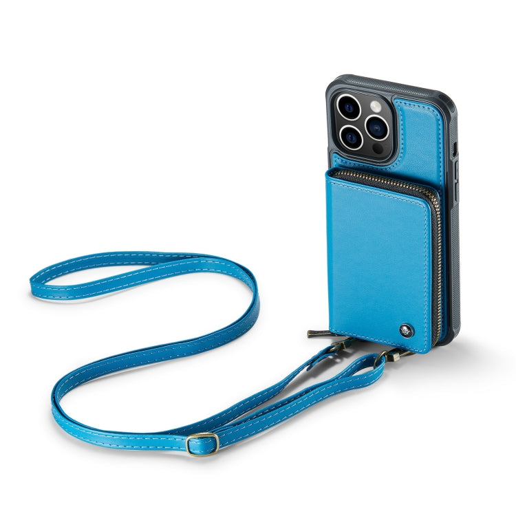 For iPhone 14 Pro Max JEEHOOD C22 Series Zipper Wallet Phone Case with Long and Short Lanyard(Blue)