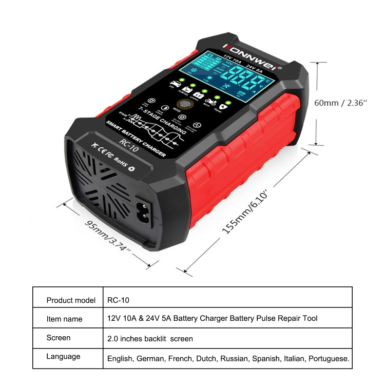 KONNWEI RC-10 Chargeur de batterie de voiture 2 pouces Outil de réparation d'impulsions de batterie, Type de prise : Prise RU